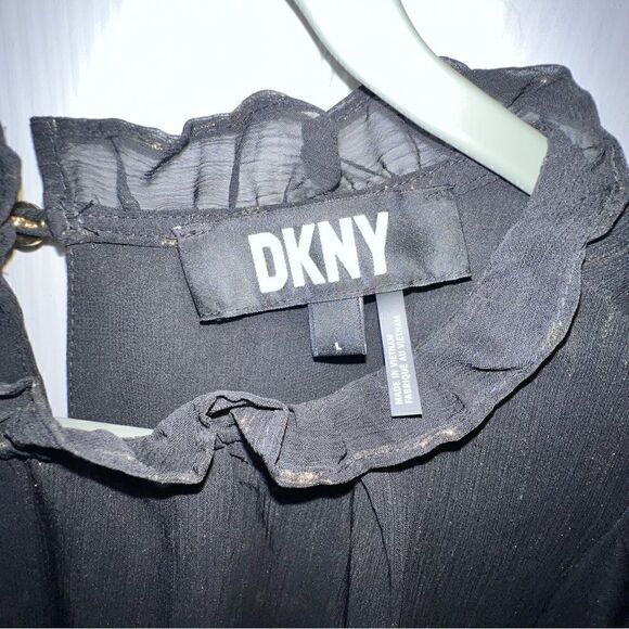 DKNY Long Sleeve Ruffle Black & Gold Blouse size Large w keyhole button closure - Picture 7 of 11